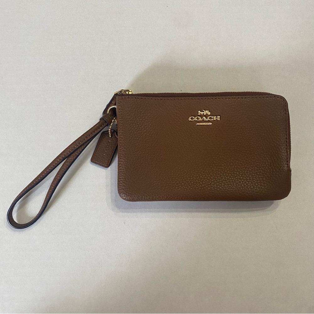 🐎COACH, Double Corner Zip Wristlet In Brown Pebbled Leather, F87590 - Picture 2 of 8